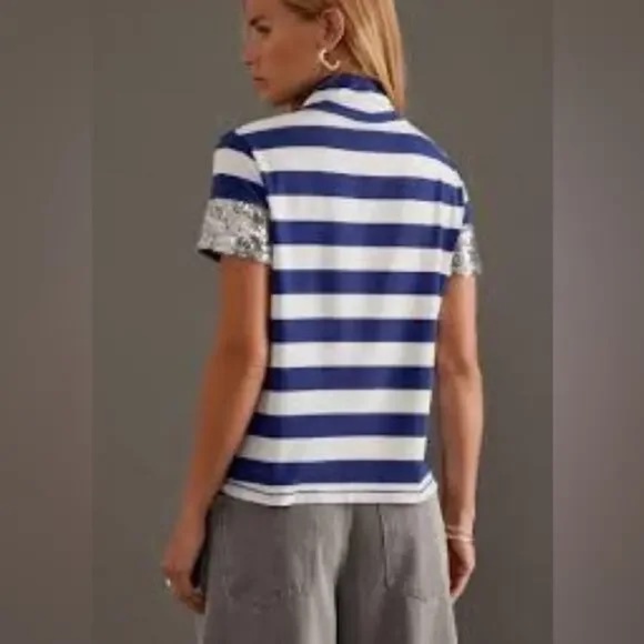 NWT Anthropologie Maeve Turtleneck Sequin Baby Tee-Navy Blue White Stripe Sz S - Picture 6 of 13